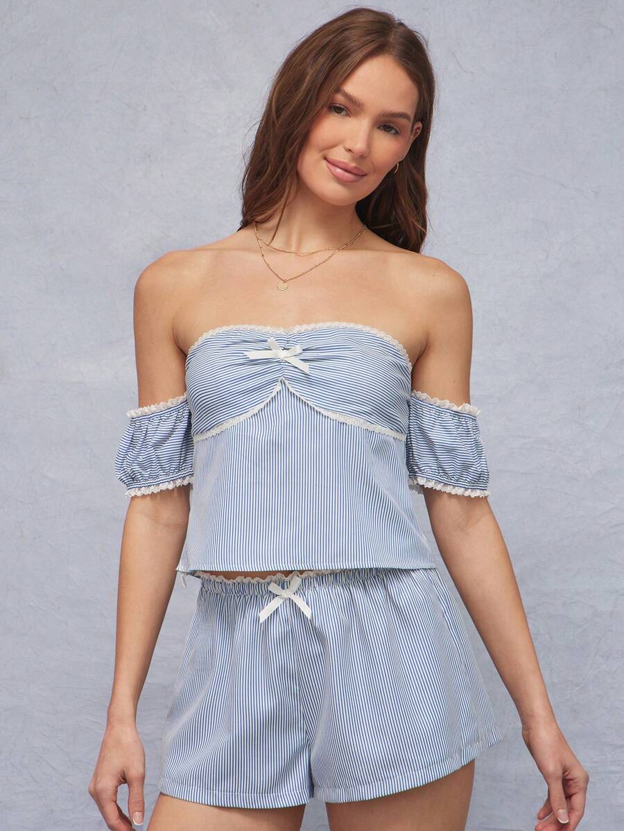 WESTFADE Summer Stripe Print Cute Bow Front Off Shoulder Short Puff Sleeve Top Spring Beach Vacation - Multicolor - View 1