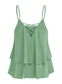 DreamSkyne Chiffon Layered Criss-Cross Back Spaghetti Strap Camisole, Slimming Effect - Army Green - View 2