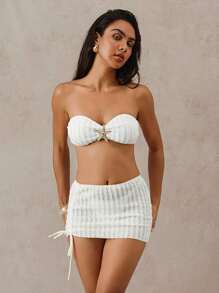 Swim Oasis 3pcs/Set Summer Vacation Plain Texture Fabric Starfish Accessory Tube Top Bikini Set With Front Drawstring And Bodycon Skirt - White - View 6