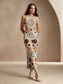 Anewsta 女士夏季钩编镂空超长沙滩裙细肩带露背比基尼罩衫，优雅的海滩、节日、休闲、假日、波西米亚风度假装 - 彩色 - 查看 6