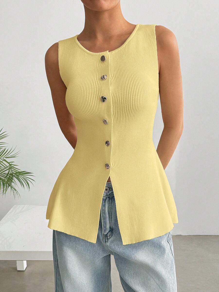 SHEIN EZwear Áo len dệt kim đơn sắc không tay cổ tròn đơn hàng nút đơn giản dành cho nữ - Màu vàng - Xem 1