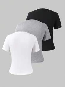 Sparklyn 3pcs/Set Teen Girls Solid Color Crew Neck Short Sleeve T-Shirt, Suitable For Summer