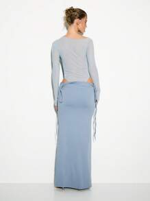 KIZN Mesh Insert Long Sleeve Two Piece Set Maxi Skirt Co-Ord Set Evening Party Wedding Guest Club Outfit Occasion Social Media Influencer - Blue - View 2