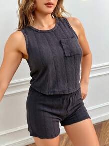 SHEIN EZwear 2件套加大码无袖上衣和短裤 - 黑色 - 查看 3