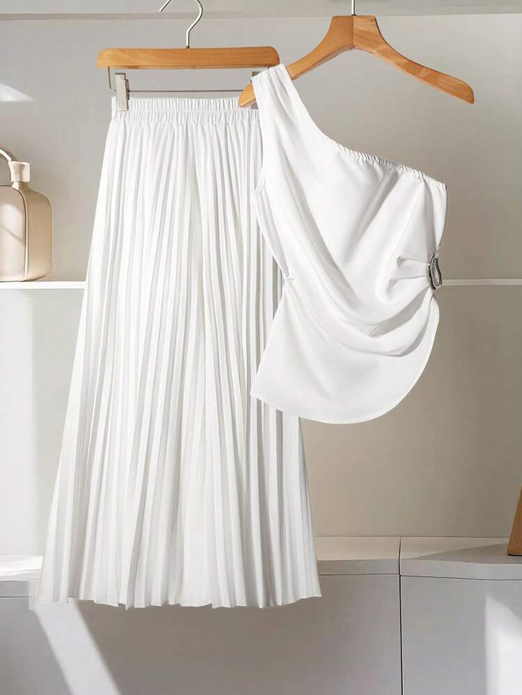 2pcs Women Summer Elegant Solid Color Asymmetrical Sleeveless Top And Wide Leg Pleated Pants Set