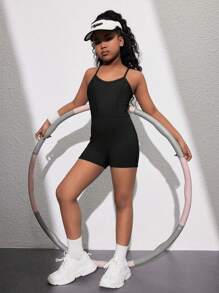 SHEIN Tween Girl Fitted Hollow Back Sleeveless Sports Top - Black - View 4