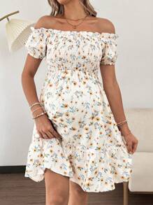 SHEIN Vestido de maternidad con estampado floral, hombros descubiertos y bajo con volantes - Multicolor - Ver 5