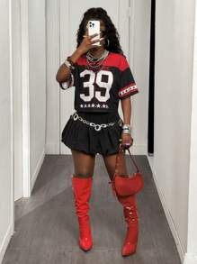 Slaydiva V-Neck Casual Letter Print Patchwork Sports Oversized Knit T-Shirt, Multi-Color - Multicolor - View 9