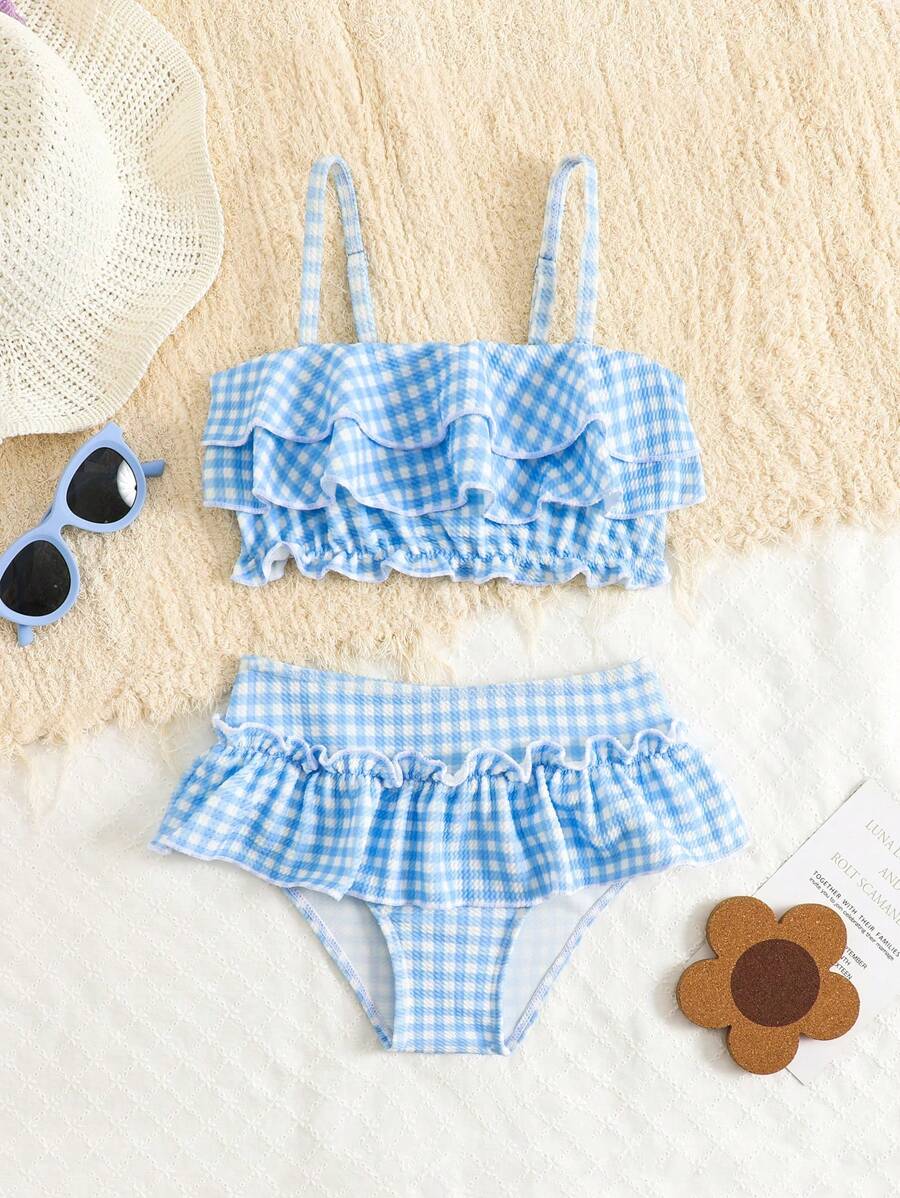 SHEIN 年轻女孩格纹荷叶边泳衣套装 - 藍色 - 查看 1