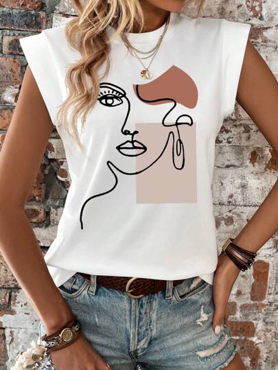 INAWLY T-shirt graphique imprimé de visage et de caractéristiques pour femmes, avec col rond, manches exagérées, polyvalent