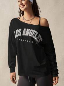 VARSITIE Top de antrenament cu mânecă lungă, lejer, cu guler înclinat, tricou imprimat cu mânecă lungă