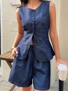 K-Vae Conjunto de mujer de denim, chaleco y pantalones cortos de ajuste ceñido, azul, conjunto casual de abrigo y jeans holgados de denim para mujer, chaleco de denim de mujer de una hilera y pantalones cortos, conjunto de 2 piezas de blusa de denim sin espalda y pantalones cortos para festivales/Nashville/Ibiza, elegante, ropa de mujer bohemia/boho, vaquera, atuendo para brunch, regalo del Día de la Madre - Azul - Ver 1