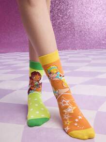 The Winx X SHEIN 3 paia di calze a mezza gamba da donna con motivi asimmetrici a cartoni animati, calze a righe magiche morbide e traspiranti con punta e tallone rinforzati, versatili per tutte le stagioni