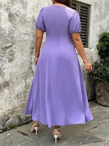 SHEIN Clasi Plus Size Elegant Solid Color Puff Sleeve Dress, Summer