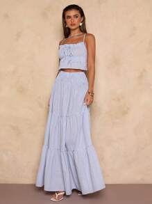 SHEIN BAE Women's Casual Blue Striped Maxi Skirt: Woven Fabric, Tiered Layers, And Elastic Waist For A Comfortable And Stylish Look - Beige - View 7