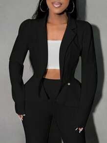 SHEIN SXY Traje de blazer de manga larga con cuello de solapa y pantalones campana de unicolor para mujer de talla grande