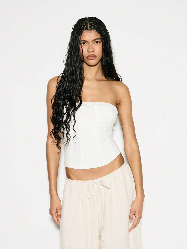 KIZN デザイナーリネンコルセットトップ、構造的なバスティア、夏のストラップレスクロップトップ、イブニングパーティークラブ、特別な機会のファッションステートメントピース