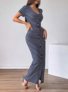 Firerie 女士优雅办公室/通勤条纹短袖连衣裙 - 藏蓝色 - 查看 5