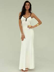 Aloruh 优雅性感黑白撞色修身露背镂空高开叉女式连衣裙