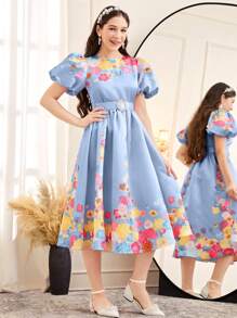 SHEIN DRMZ Teen Girl Teen Girls' Lovely Flower Printed Round Neck Puff Sleeve Dress - Blue - View 7