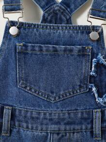 牛仔少女时尚百搭简约休闲街头风户外校园星形刺绣牛仔背带裙，配有可调节吊带，水洗牛仔连衣裙 - 深色水洗藍 - 查看 6