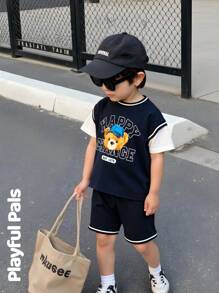 Conjunto deportivo de verano para niños, con top de 2 piezas con estampado de oso en azul marino y shorts