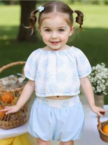 Baby Girls' Simple Blue Short Sleeve Top And Ruffle Skirt Set, Summer - Blue - View 3