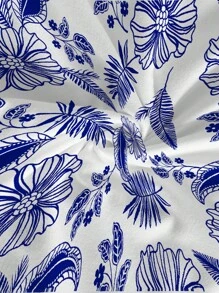 Soleia Women's Casual Blue And White Floral Print Strapless Mini Dress With Rib-Knit Detail And Flared Hem Suitable For Going Out Chic Dress - Blue and White - View 5