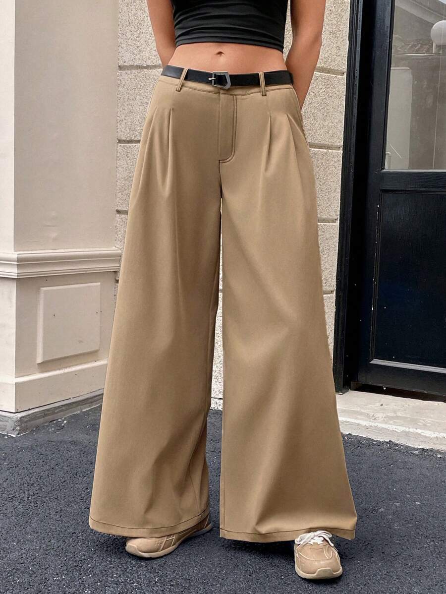 SHEIN Essnce 女士休闲纯色低腰阔腿裤 - 卡其色 - 查看 1