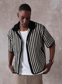 SUMWON Designer Crochet Stripe Pattern Short Sleeve Collared Polo Sweater, Retro Vintage Style Spring Summer Knit Top, Casual Everyday Wear - Black and White - View 5