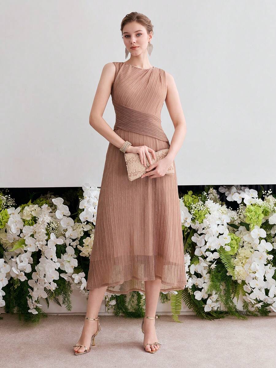 MOTF PREMIUM 飘逸纹理无袖连衣裙 - 藕粉色 - 查看 1