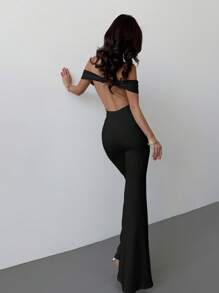 Firerie Women Elegant Minimalist Precise Daily Commute Valentine"S Day Ramadan Vacation Off Shoulder Mesh Open Back Twist Waist High Waisted Skinny White Flare Jumpsuit, Spring/Summer - Black - View 6