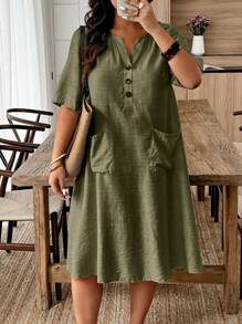 SHEIN Clasi Váy tối giản thường ngày cỡ lớn, thời trang cho mùa hè - xanh quân đội - Xem 4