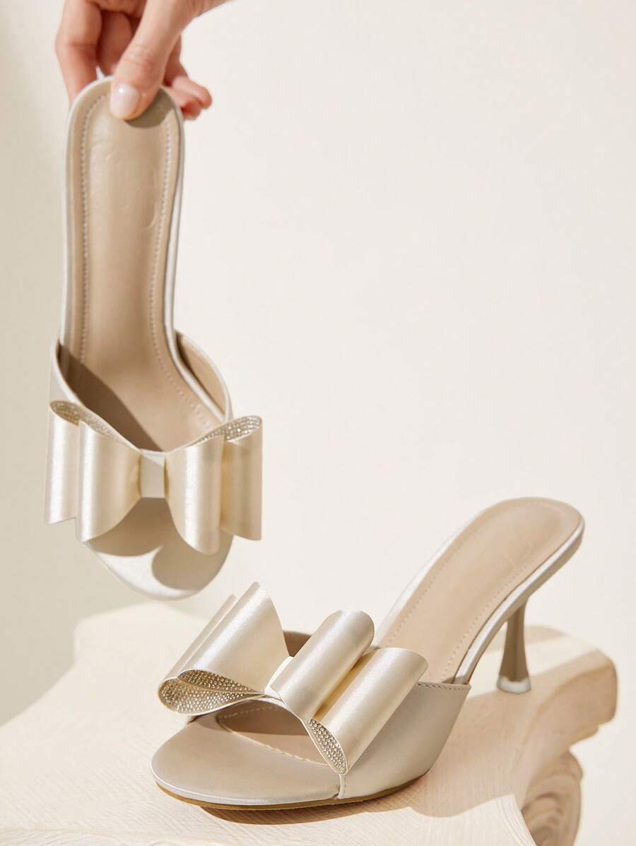 CUCCOO CHICEST Women's Summer New Arrival Crystal Bowknot Pointed Toe Stilettos, Elegant Romantic Noble Apricot Satin Ladies' High Heel Sandals, Fashion Party Formal Dress Shoes - Apricot - View 1