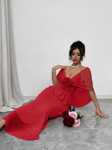 Rafferiza Customized Spring/Summer 3D Floral Sheer Mesh Poncho Feeling Long Dress, Suitable For Wedding, Party, Photo Shooting