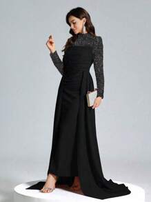 Coutiva 2023 新款高端长袖亮片拼布修身派对礼服，高品质，适合宴会和晚会，秋冬季 - 黑色 - 查看 7