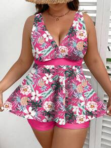 Swim Lushoire Plus Size Women Random Print Tankini Set - Camisole And Solid Color Shorts For Summer Beach Vacation - Multicolor - View 3