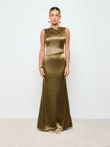 AiiRZ Vestido de noche elegante de satén con diseño de sirena, detalle de recorte en la cintura, largo, para ocasiones formales, bodas, fiestas, bailes de graduación, con diseño sin mangas - Verde - Ver 1