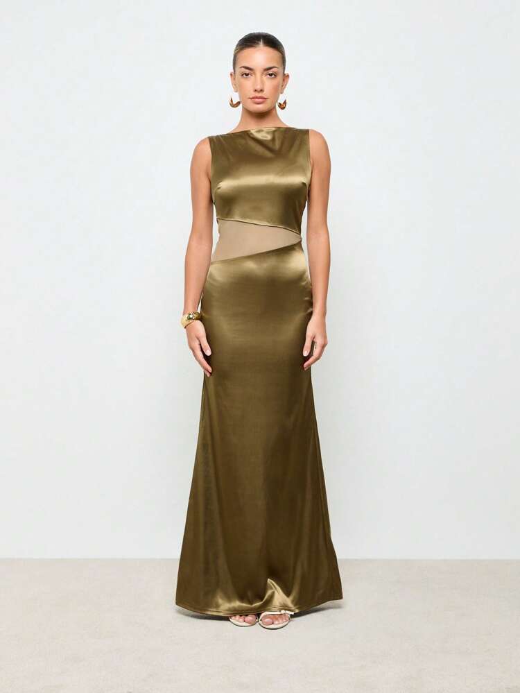 AiiRZ Elegantes Satin-Abendkleid, Meerjungfrauenschnitt, mit Ausschnitt an der Taille, langes Formelles Kleid für besondere Anlässe, Hochzeitsgäste, Partys, Bälle und Proms, mit ärmellosem Design