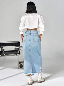 SHEIN Cottnline Ladies' Ripped Front Slit Denim Skirt - Blue - View 6