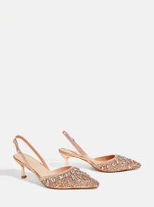 CUCCOO TILAWA 尖头高跟水钻香槟色闪光性感派对婚鞋，细高跟香槟色女式浅口鞋，露背女式一脚蹬高跟鞋 - 香檳色 - 查看 4