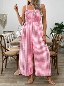 SHEIN Clasi Bộ đồ liền thân kẻ caro có dây, phong cách thời trang ngày lễ, phù hợp cho mùa hè - Hồng - Xem 1