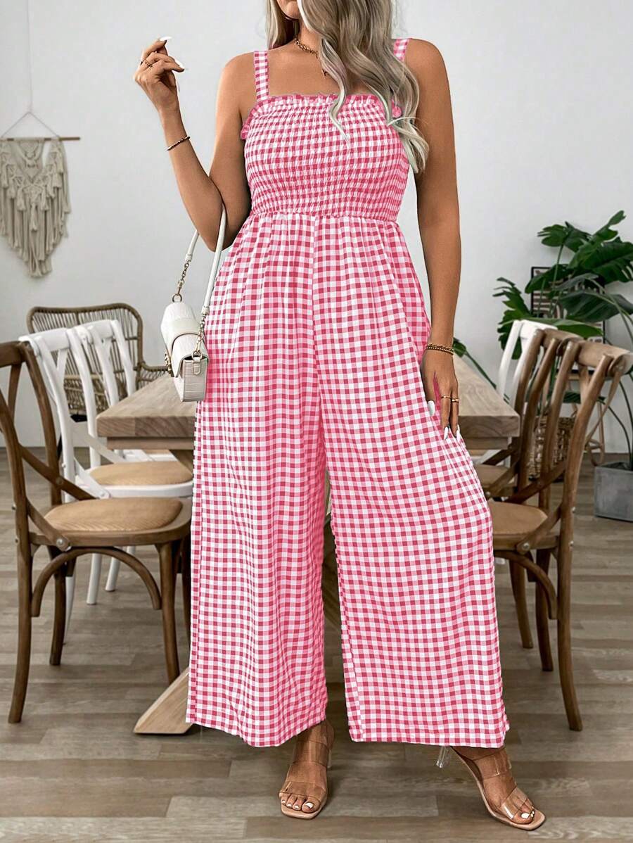 SHEIN Clasi Bộ đồ liền thân kẻ caro có dây, phong cách thời trang ngày lễ, phù hợp cho mùa hè - Hồng - Xem 1