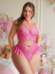 PetitDoll PetitDoll 1pc Plus Size Lace & Mesh Spliced Underwire Sexy Bodysuit