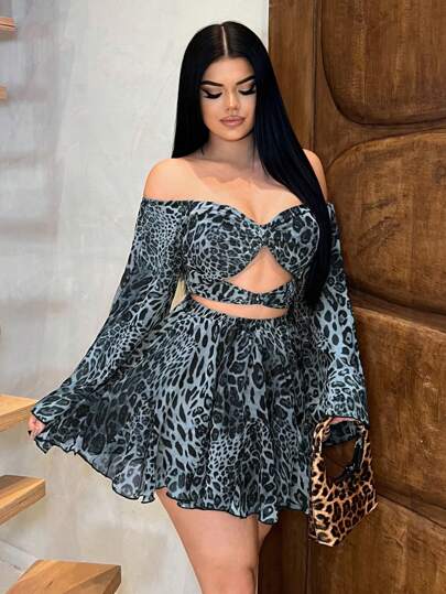 SHEIN SXY Women's Fashionable Sexy Leopard Print Off-Shoulder Top & Mini Skirt 2 Pieces Set