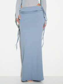 KIZN Mesh Insert Long Sleeve Two Piece Set Maxi Skirt Co-Ord Set Evening Party Wedding Guest Club Outfit Occasion Social Media Influencer - Blue - View 6