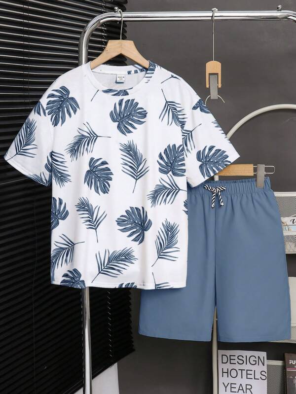Set de 2 piezas para niño preadolescente: Camiseta de manga corta de punto con cuello redondo y estampado botánico informal + pantalones cortos sueltos de unicolor, adecuado para ir y venir, ir a la escuela, casual diario, vacaciones, deportes, primavera/verano/otoño/invierno