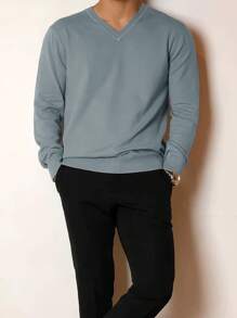 Manfinity Homme Men's Solid V-Neck Long Sleeve Casual Loose Knit Sweater For Autumn/Winter