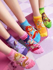 The Winx X SHEIN 6 đôi tất mắt cá chân họa tiết nhân vật hoạt hình dành cho nữ, tất gót chân mềm mại, thoáng khí, gia cố, phù hợp cho mọi mùa - Nhiều màu - Xem 2