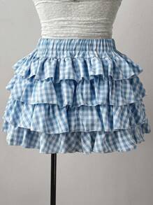 Flirla Jupe mini à taille élastique avec ourlet froncé et imprimé écossais grandes tailles